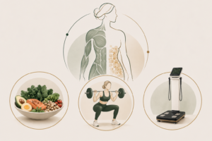 Ilustração representando o equilíbrio entre perda de gordura e preservação de massa muscular no tratamento com GLP-1, com foco em proteína, treino de força e monitoramento de composição corporal