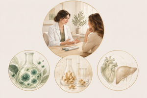 Ilustração em aquarela de uma médica conversando com uma paciente, com duas canetas sobre a mesa, e três círculos mostrando cultura de células, cristais de laboratório e coração e fígado, representando semaglutida biológica e sintética